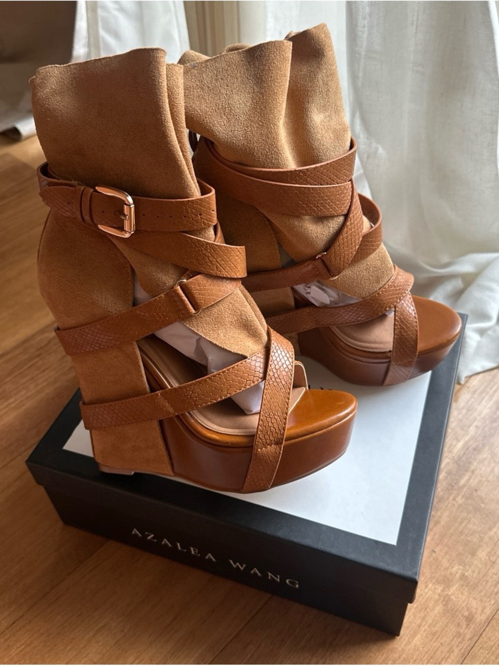AZALEA WANG Tan Strappy Suede & Leather Platform Wedge